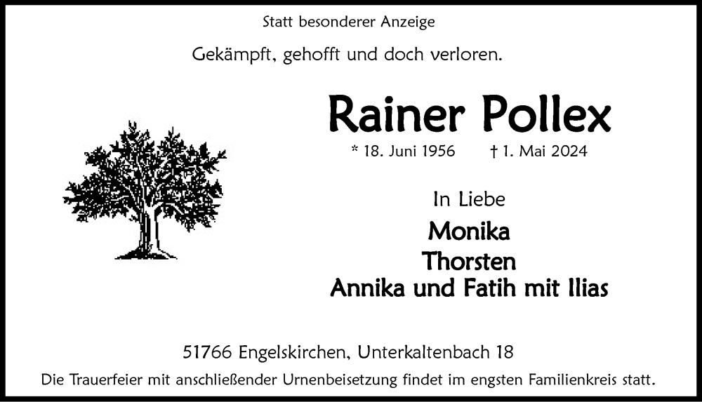  Traueranzeige für Rainer Pollex vom 10.05.2024 aus  Anzeigen Echo 