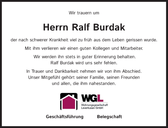 Anzeige von Ralf Burdak von Kölner Stadt-Anzeiger / Kölnische Rundschau / Express