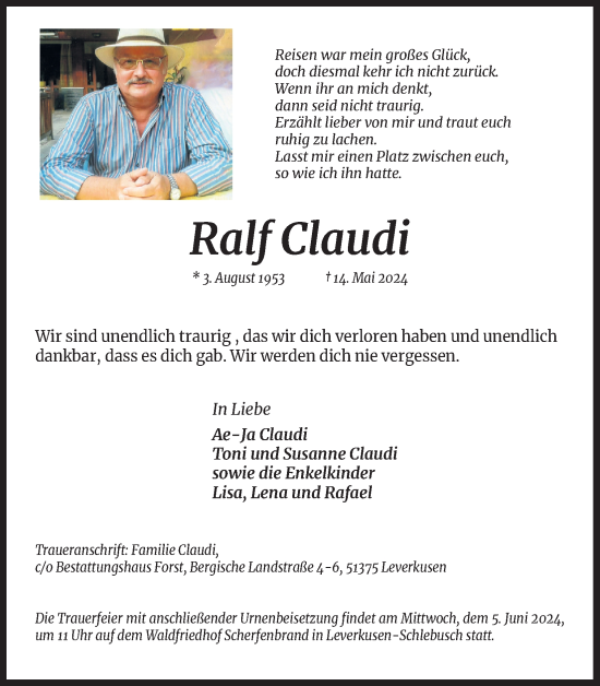 Anzeige von Ralf Claudi von Kölner Stadt-Anzeiger / Kölnische Rundschau / Express