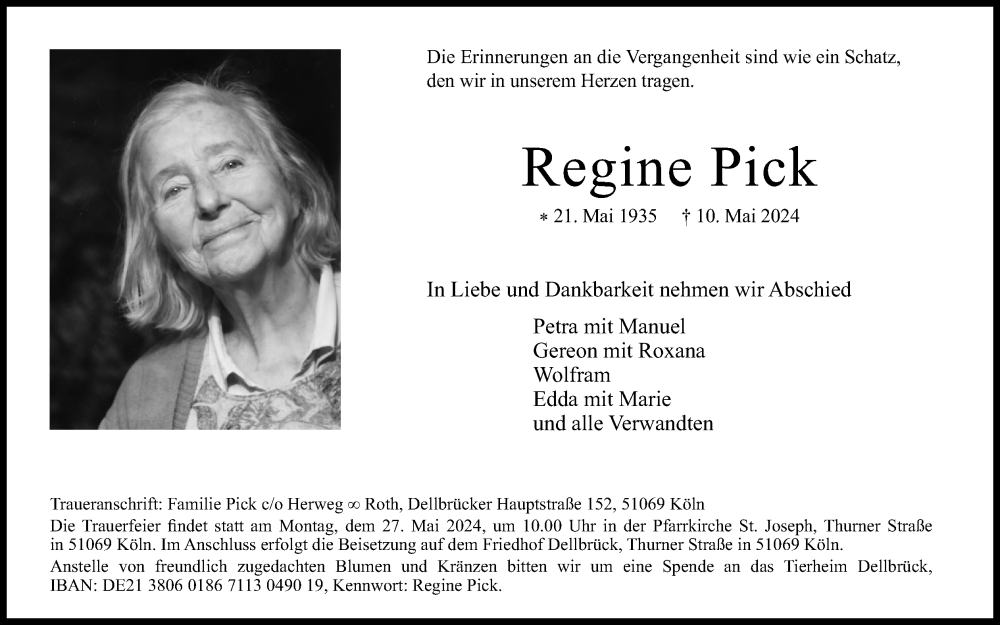  Traueranzeige für Regine Pick vom 18.05.2024 aus Kölner Stadt-Anzeiger / Kölnische Rundschau / Express
