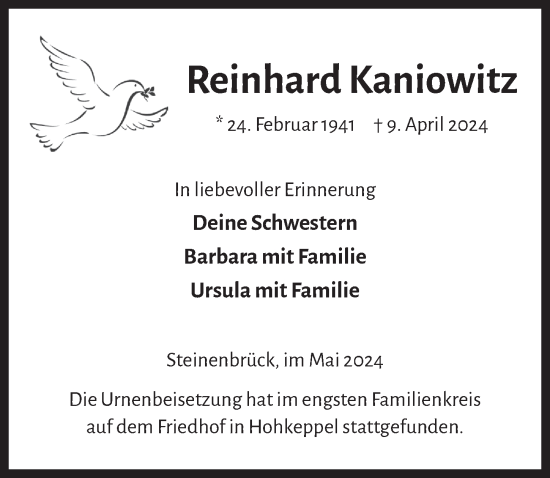 Anzeige von Reinhard Kaniowitz von  Bergisches Handelsblatt 