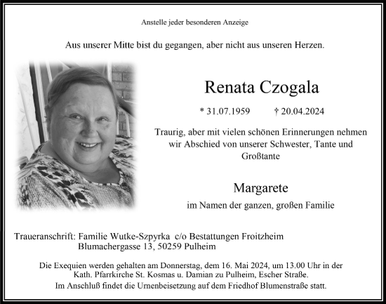 Anzeige von Renata Czogala von  Wochenende 
