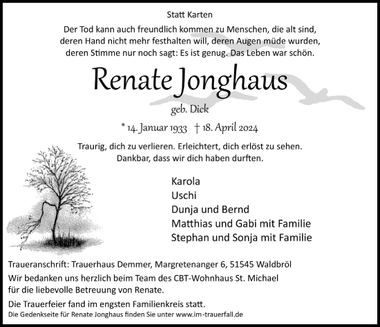 Anzeige von Renate Jonghaus von  Lokalanzeiger 