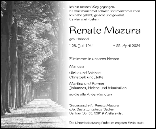 Anzeige von Renate Mazura von  Blickpunkt Euskirchen 