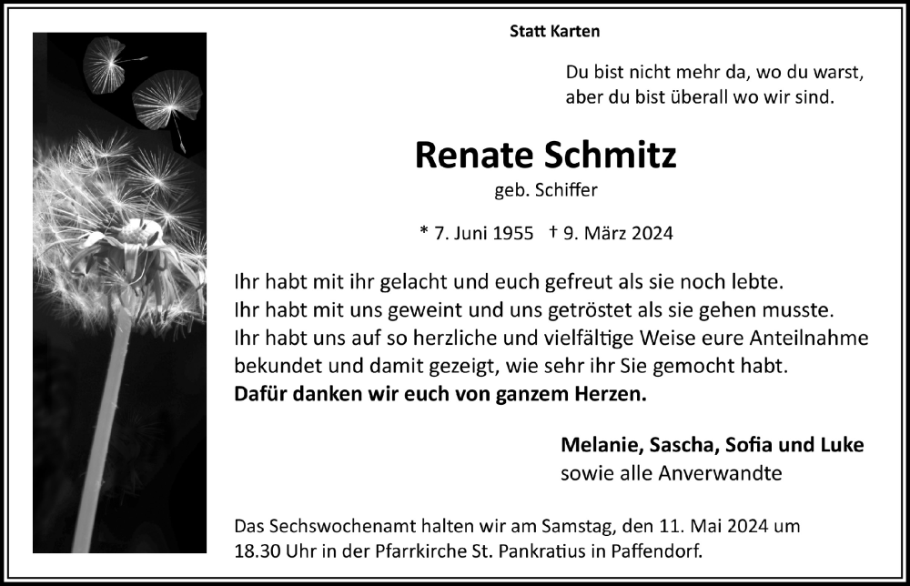  Traueranzeige für Renate Schmitz vom 03.05.2024 aus  Werbepost 