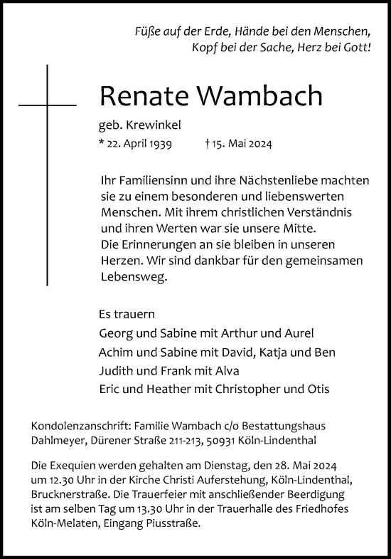 Anzeige von Renate Wambach von Kölner Stadt-Anzeiger / Kölnische Rundschau / Express