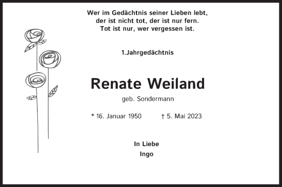 Anzeige von Renate Weiland von Kölner Stadt-Anzeiger / Kölnische Rundschau / Express