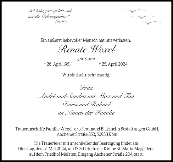 Anzeige von Renate Wexel von Kölner Stadt-Anzeiger / Kölnische Rundschau / Express