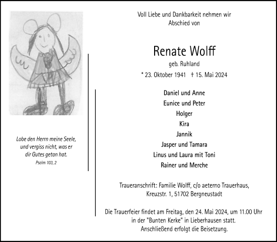 Anzeige von Renate Wolff von Kölner Stadt-Anzeiger / Kölnische Rundschau / Express