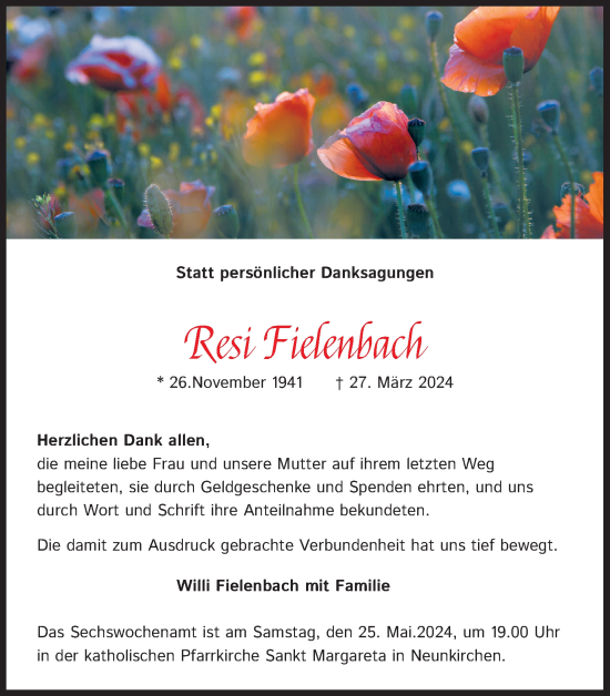 Anzeige von Resi Fielenbach von Kölner Stadt-Anzeiger / Kölnische Rundschau / Express
