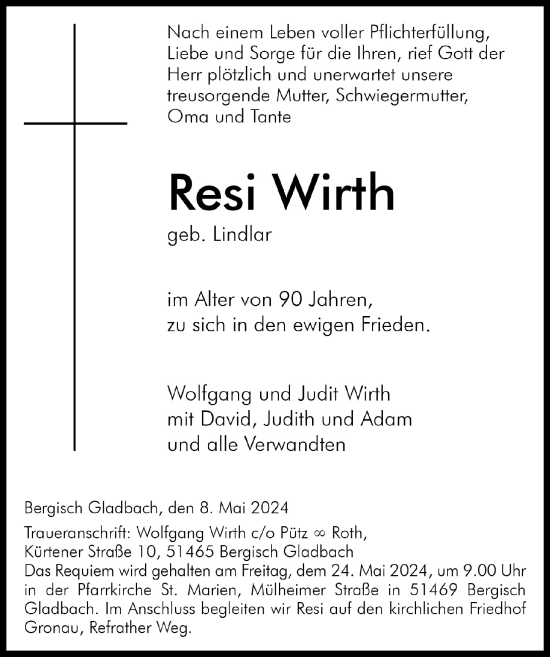 Anzeige von Resi Wirth von  Bergisches Handelsblatt 