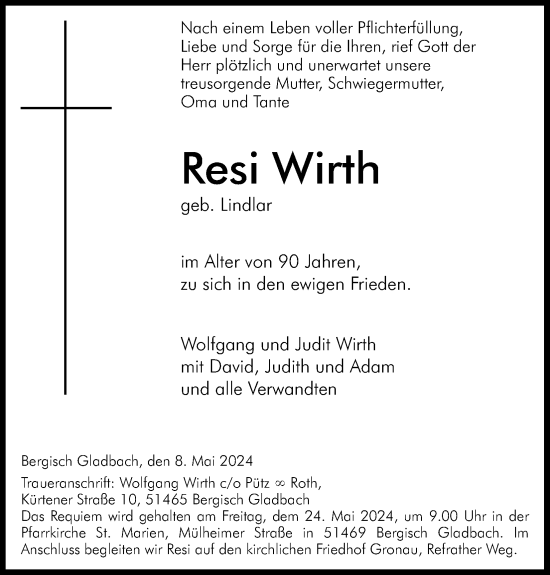 Anzeige von Resi Wirth von Kölner Stadt-Anzeiger / Kölnische Rundschau / Express