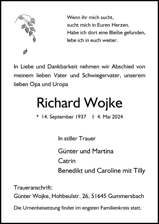 Anzeige von Richard Wojke von  Anzeigen Echo 