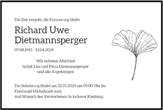 Anzeige von Richard Uwe Dietmannsperger von Kölner Stadt-Anzeiger / Kölnische Rundschau / Express