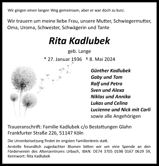Anzeige von Rita Kadlubek von Kölner Stadt-Anzeiger / Kölnische Rundschau / Express