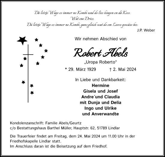 Anzeige von Robert Abels von Kölner Stadt-Anzeiger / Kölnische Rundschau / Express