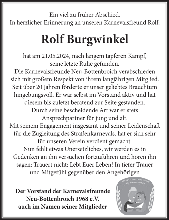 Anzeige von Rolf Burgwinkel von  Werbepost 