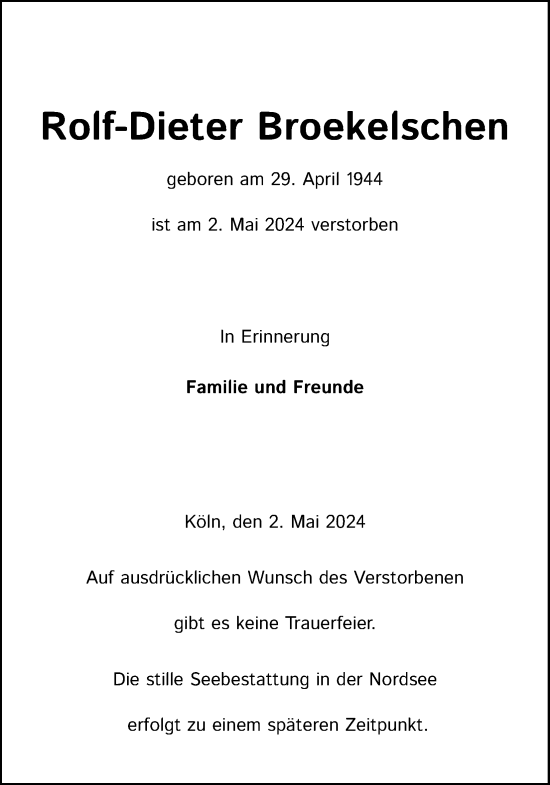 Anzeige von Rolf-Dieter Broekelschen von Kölner Stadt-Anzeiger / Kölnische Rundschau / Express