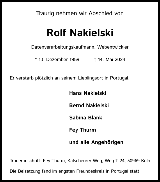Anzeige von Rolf Nakielski von Kölner Stadt-Anzeiger / Kölnische Rundschau / Express