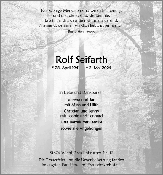 Anzeige von Rolf Seifarth von  Anzeigen Echo 