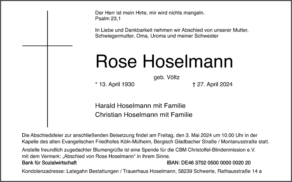  Traueranzeige für Rose Hoselmann vom 02.05.2024 aus Kölner Stadt-Anzeiger / Kölnische Rundschau / Express