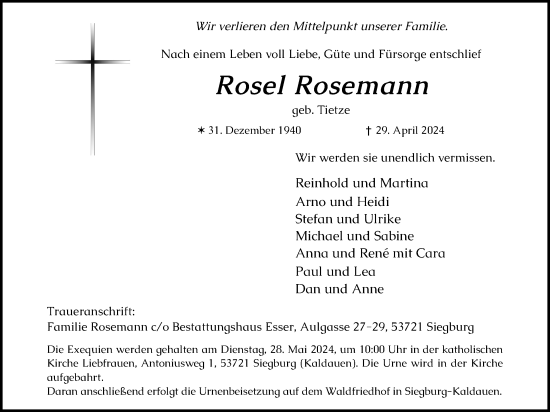 Anzeige von Rosel Rosemann von Kölner Stadt-Anzeiger / Kölnische Rundschau / Express