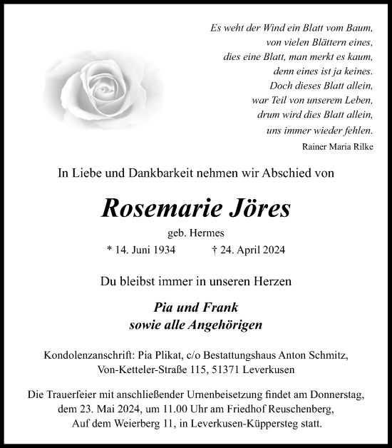 Anzeige von Rosemarie Jöres von Kölner Stadt-Anzeiger / Kölnische Rundschau / Express