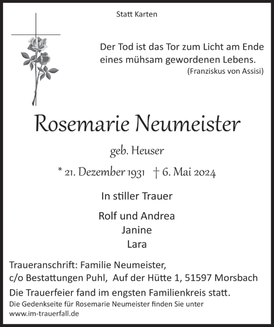 Anzeige von Rosemarie Neumeister von  Lokalanzeiger 