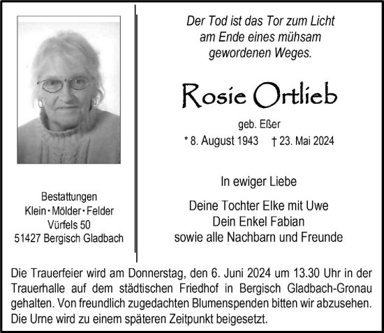 Anzeige von Rosie Ortlieb von  Bergisches Handelsblatt 