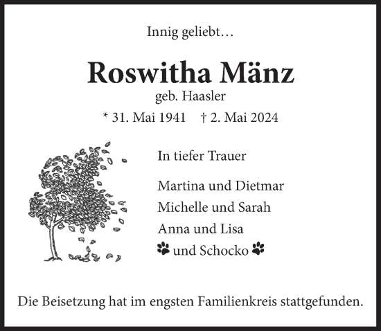 Anzeige von Roswitha Mänz von  Werbepost 