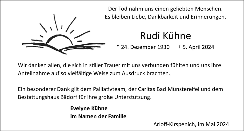  Traueranzeige für Rudi Kühne vom 04.05.2024 aus  Blickpunkt Euskirchen 