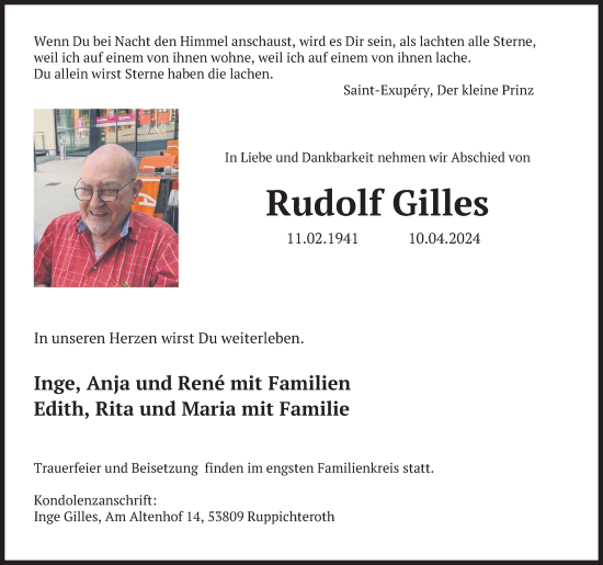 Anzeige von Rudolf Gilles von Kölner Stadt-Anzeiger / Kölnische Rundschau / Express