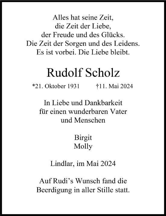 Anzeige von Rudolf Scholz von  Anzeigen Echo 