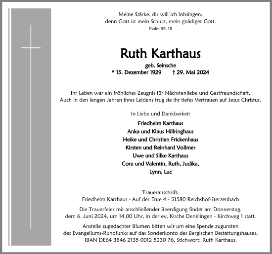 Anzeige von Ruth Karthaus von Kölner Stadt-Anzeiger / Kölnische Rundschau / Express