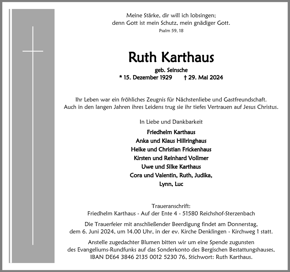  Traueranzeige für Ruth Karthaus vom 01.06.2024 aus Kölner Stadt-Anzeiger / Kölnische Rundschau / Express