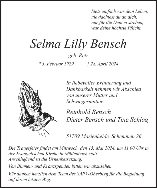 Anzeige von Selma Lilly Bensch von  Anzeigen Echo 