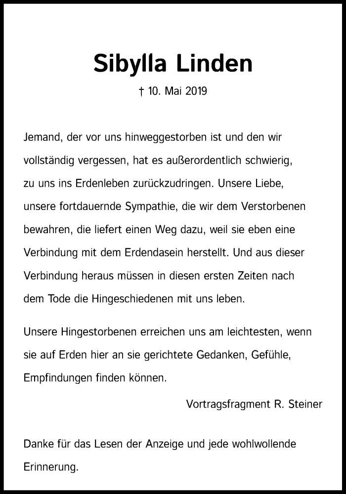  Traueranzeige für Sibylla Linden vom 18.07.2023 aus Kölner Stadt-Anzeiger / Kölnische Rundschau / Express