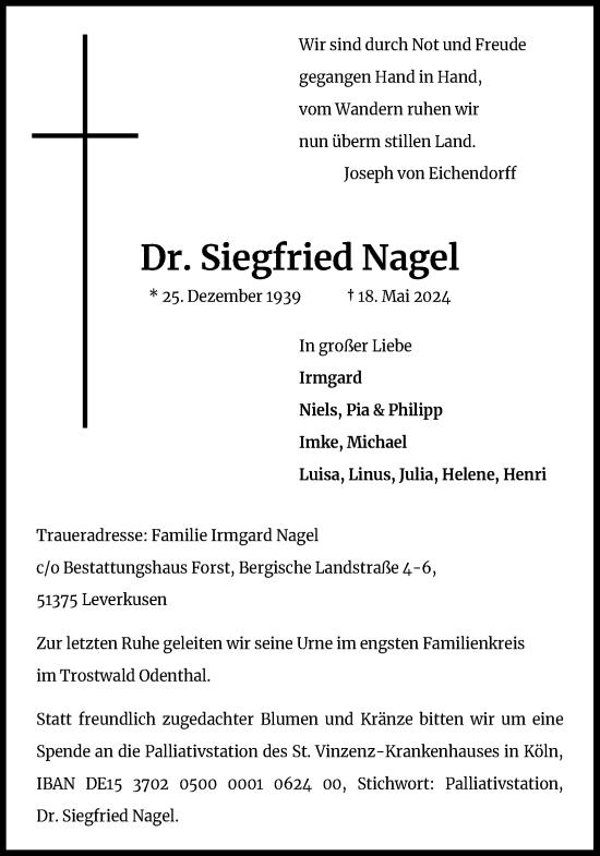 Anzeige von Siegfried Nagel von Kölner Stadt-Anzeiger / Kölnische Rundschau / Express