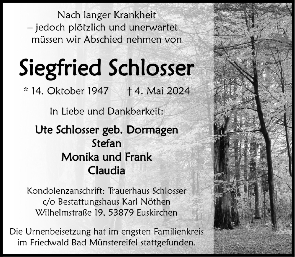  Traueranzeige für Siegfried Schlosser vom 25.05.2024 aus  Blickpunkt Euskirchen 