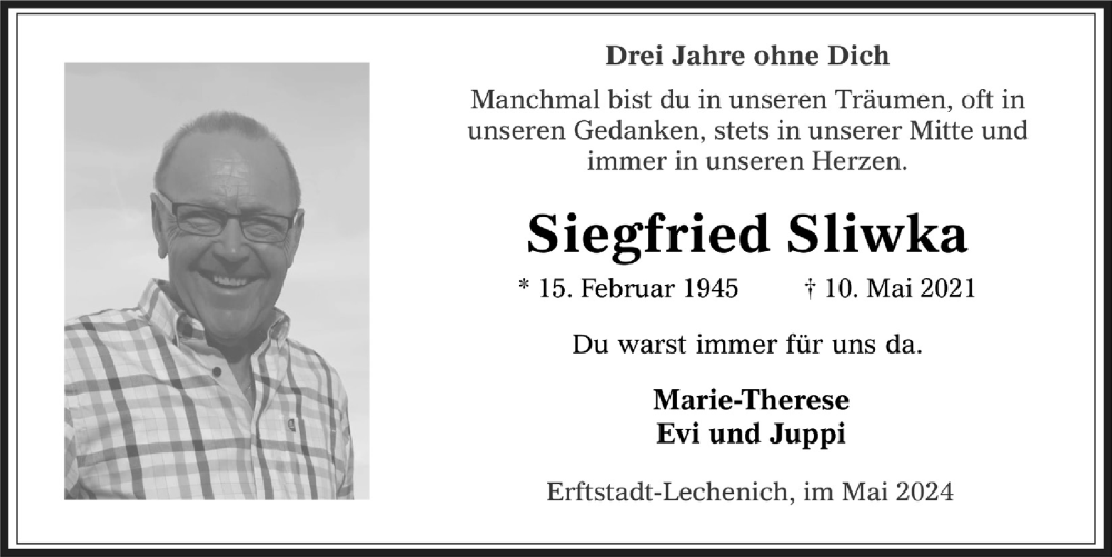  Traueranzeige für Siegfried Sliwka vom 18.07.2023 aus  Werbepost 