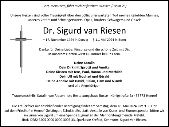 Anzeige von Sigurd van Riesen von Kölner Stadt-Anzeiger / Kölnische Rundschau / Express