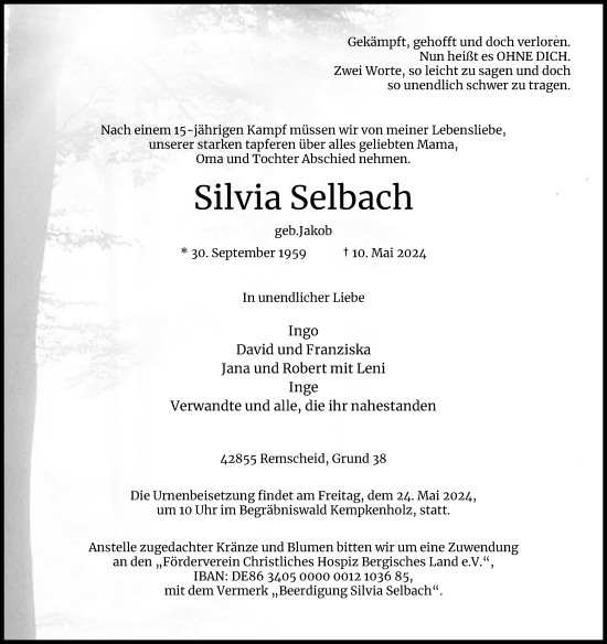 Anzeige von Silvia Selbach von Kölner Stadt-Anzeiger / Kölnische Rundschau / Express