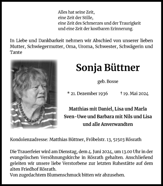 Anzeige von Sonja Büttner von Kölner Stadt-Anzeiger / Kölnische Rundschau / Express