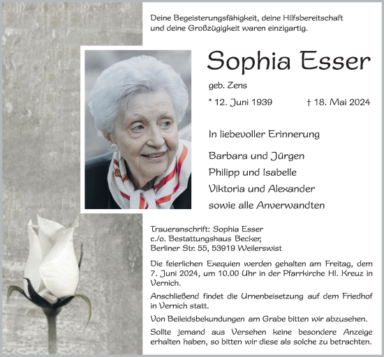 Anzeige von Sophia Esser von  Blickpunkt Euskirchen 