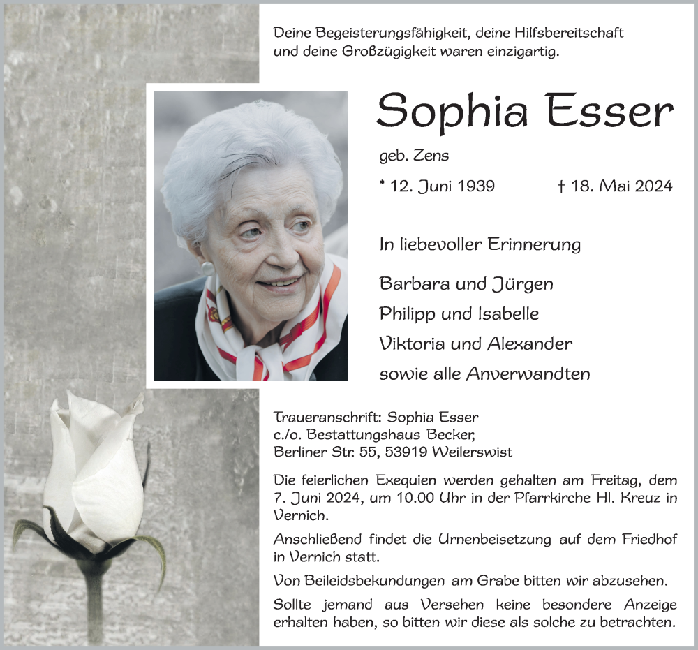  Traueranzeige für Sophia Esser vom 25.05.2024 aus  Blickpunkt Euskirchen 