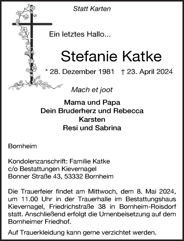  Traueranzeige für Stefanie Katke vom 03.05.2024 aus  Schaufenster/Blickpunkt 