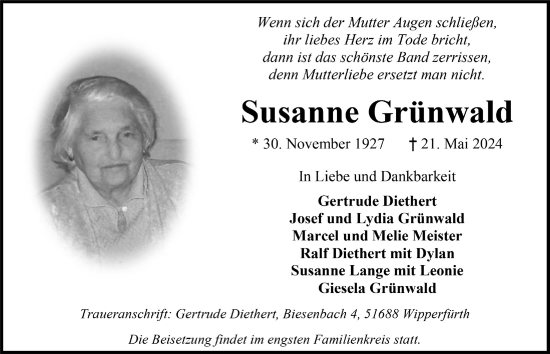 Anzeige von Susanne Grünwald von  Anzeigen Echo 