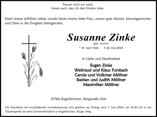 Anzeige von Susanne Zinke von Kölner Stadt-Anzeiger / Kölnische Rundschau / Express