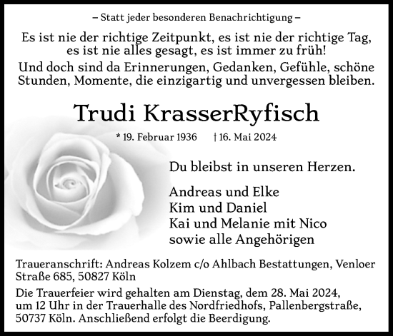 Anzeige von Trudi Krasser Ryfisch von Kölner Stadt-Anzeiger / Kölnische Rundschau / Express