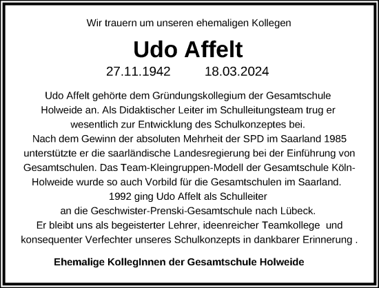 Anzeige von Udo Affelt von Kölner Stadt-Anzeiger / Kölnische Rundschau / Express